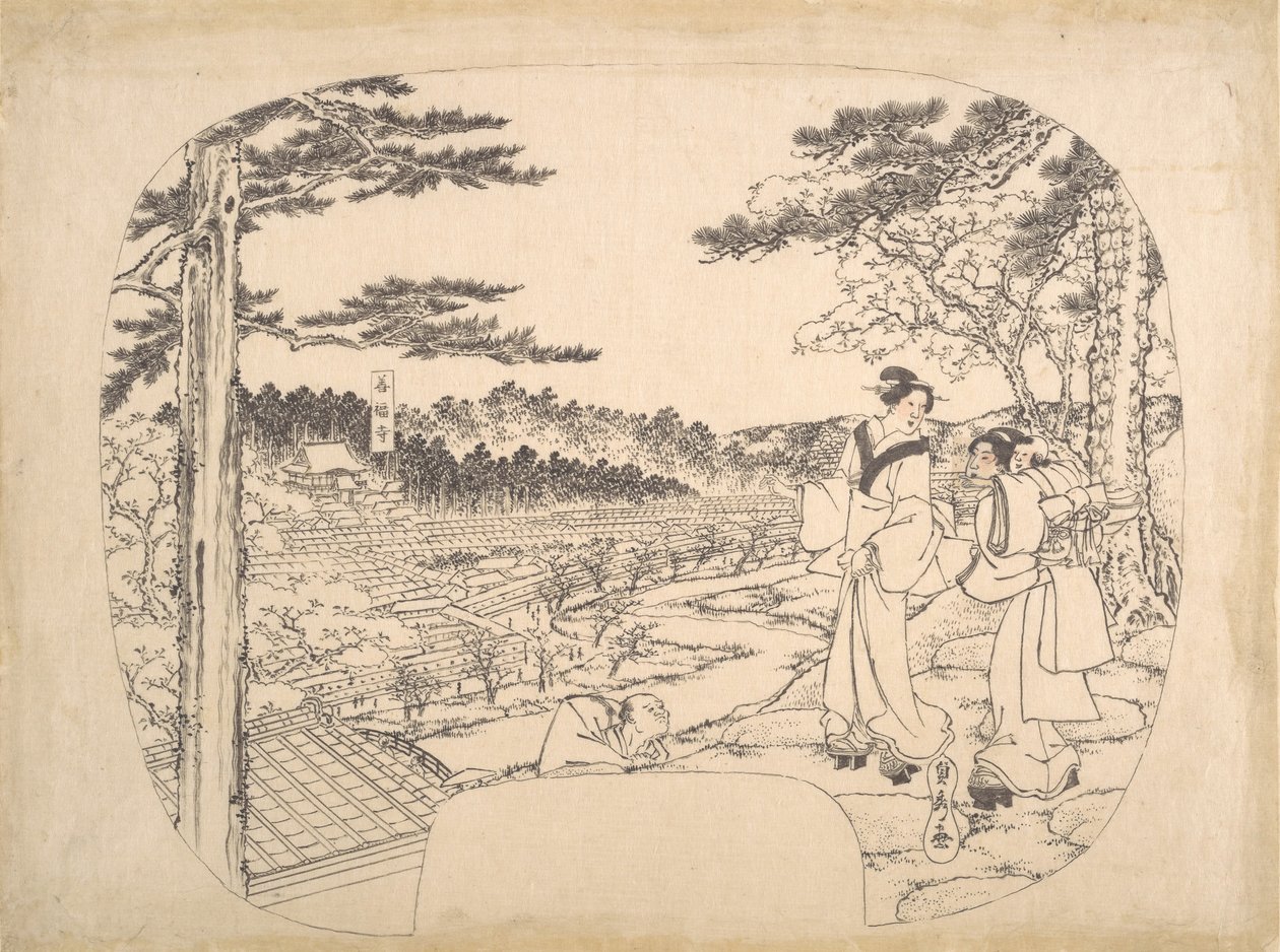 Two Women Admiring the Sights from a Vantage Point...the Zenpukuji Temple by Sadahide Utagawa