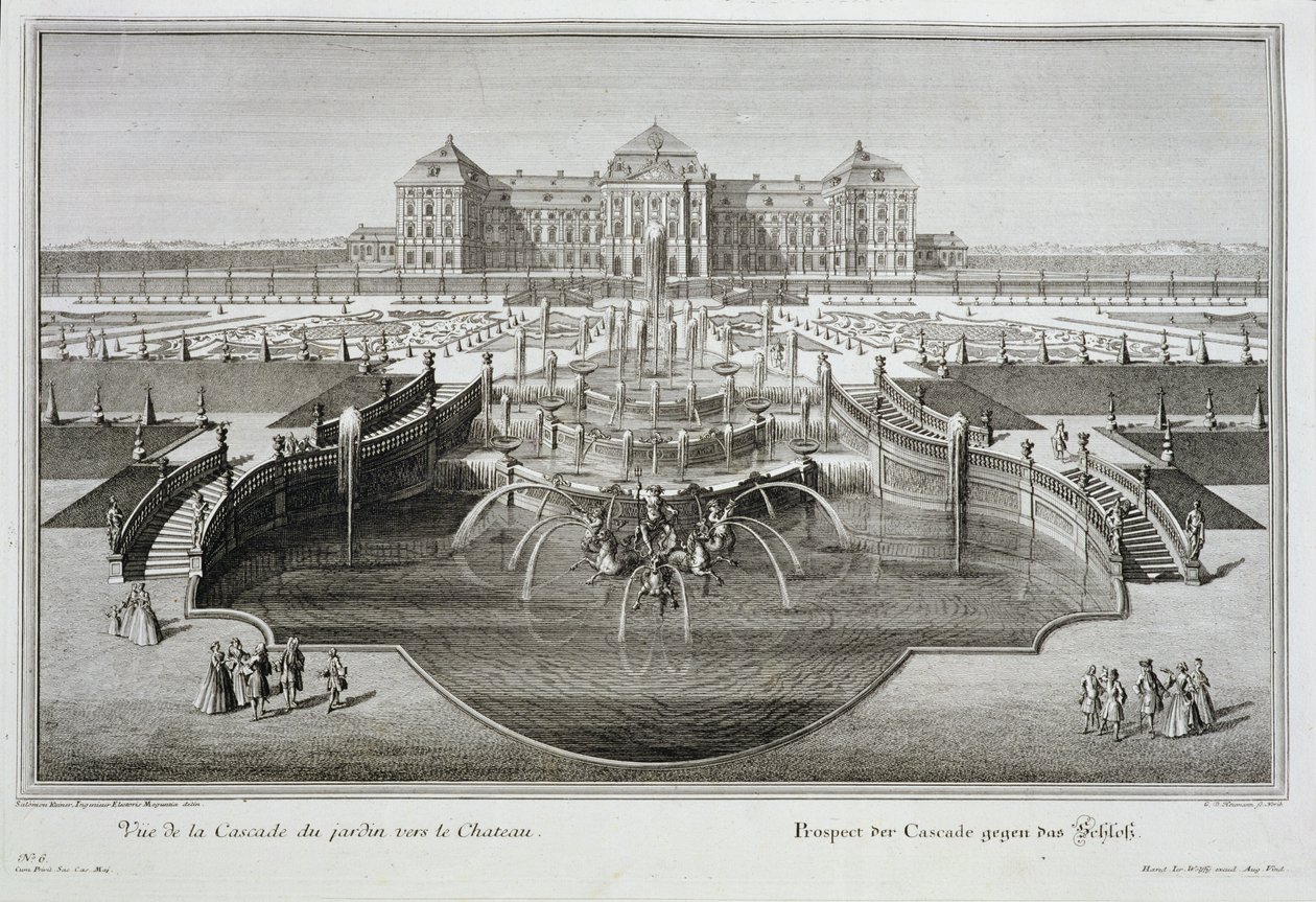 Weissenstein, view towards the castle from the Baroque cascade, engraved by Georg-Daniel Heumann, published 1728 by Salomon Kleiner