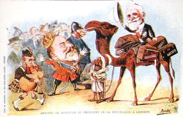 Caricature of the arrival of President of the French Republic, Emile Loubet in London in 1903 by Salomon Assus