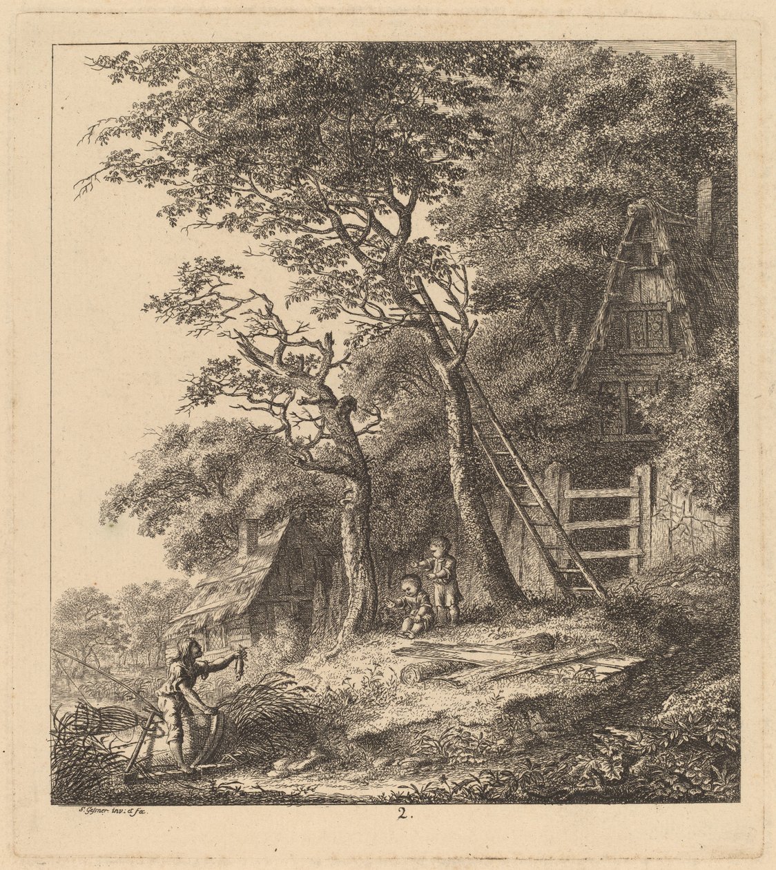 A Fisherman and Two Children in a Landscape with Thatched Cottages by Salomon Gessner