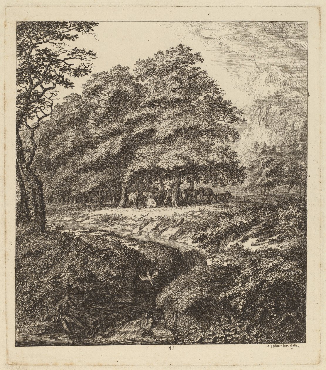 Cattle Resting in a Grove with a Man Seated beside a Brook, 1764 by Salomon Gessner