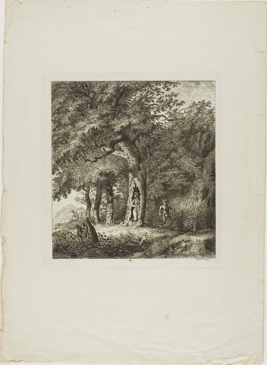 Nymph Hiding in a Tree, Plate Eight from Paysages Dédiés à M. Warelet by Salomon Gessner