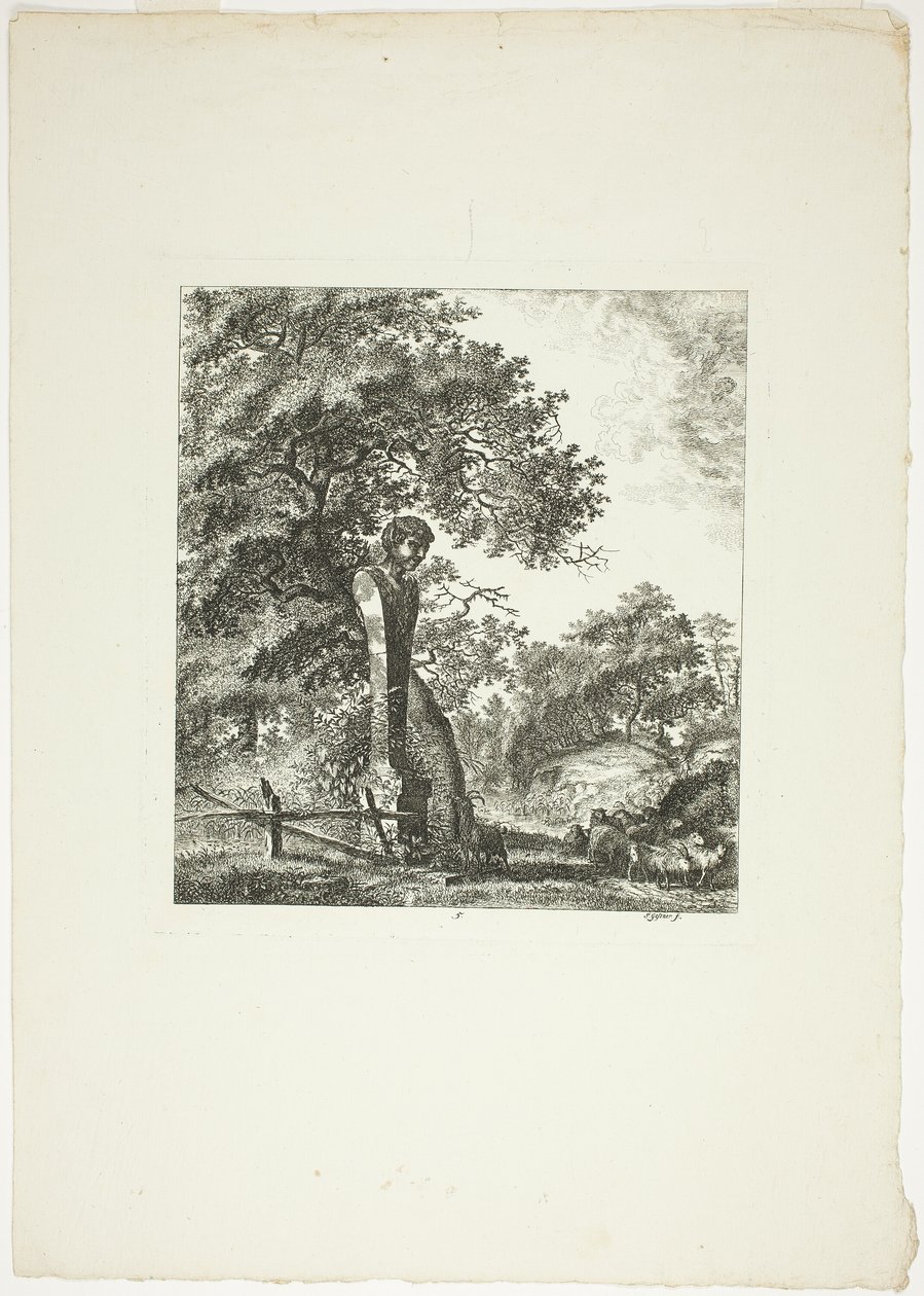 Sheep by a Statue of Pan, plate five from Landscapes Dedicated to M. Warelet by Salomon Gessner