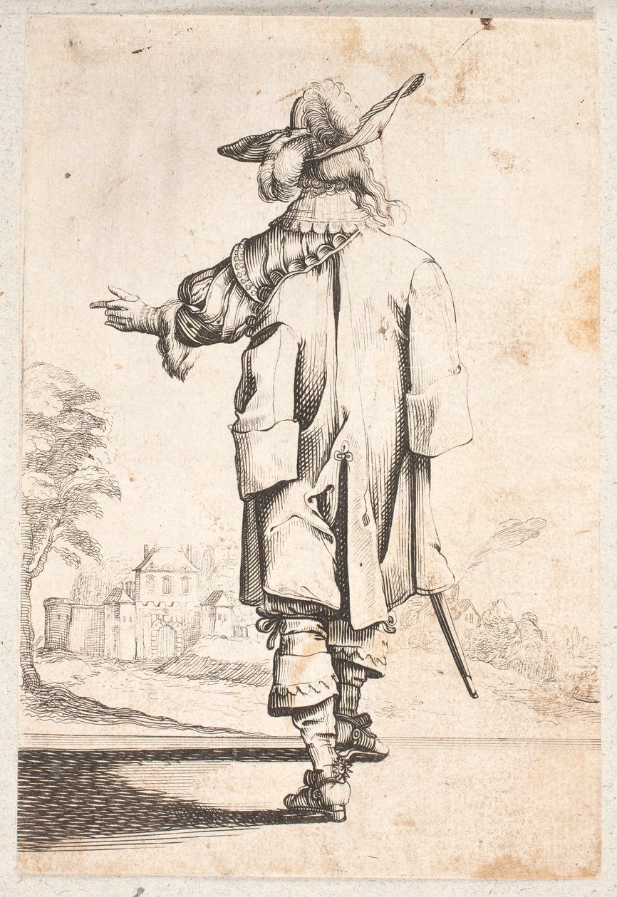 Cavalier Seen from Back: Gestures with Left Hand, Wears Cape and Plumed Hat, Walled Town and Gate Beyond by Salomon Savery