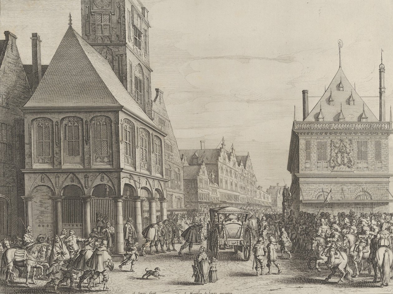City magistrates taking leave of Marie de Medici before the town hall, from Caspar Barlaeu by Salomon Savery