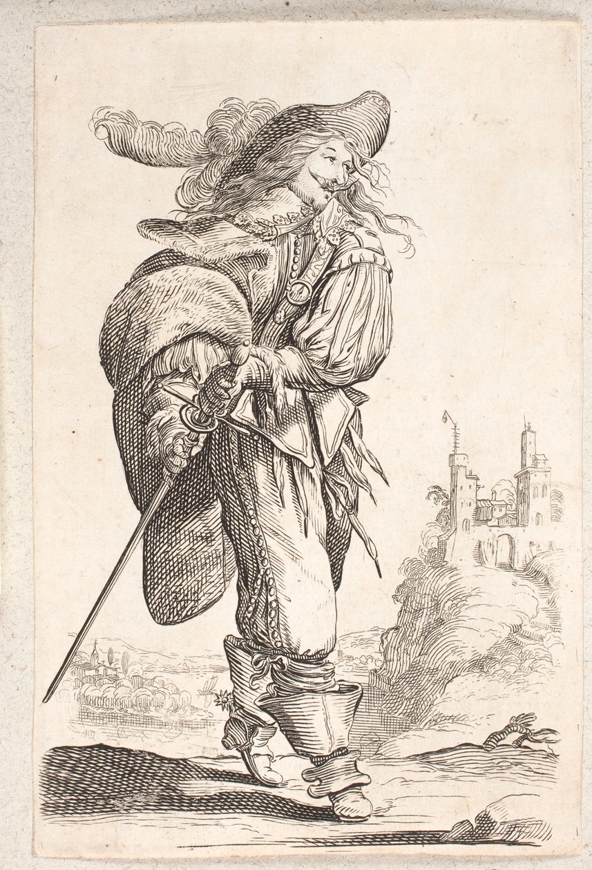 Walking man, three-quarter profile to the right, reaching for the sword at his hip. In the background a castle by Salomon Savery