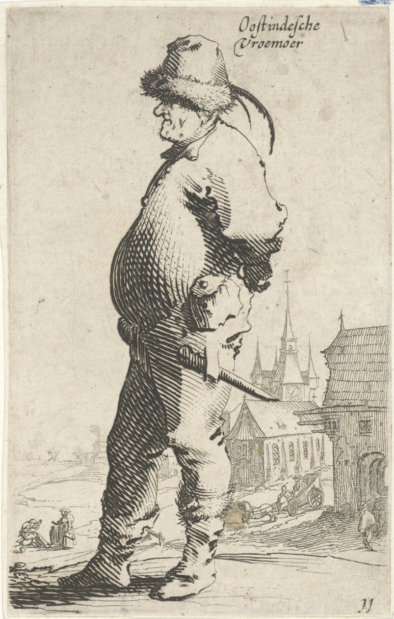 Man in profile, with a church and a building with a gallery in the background by Salomon Savery
