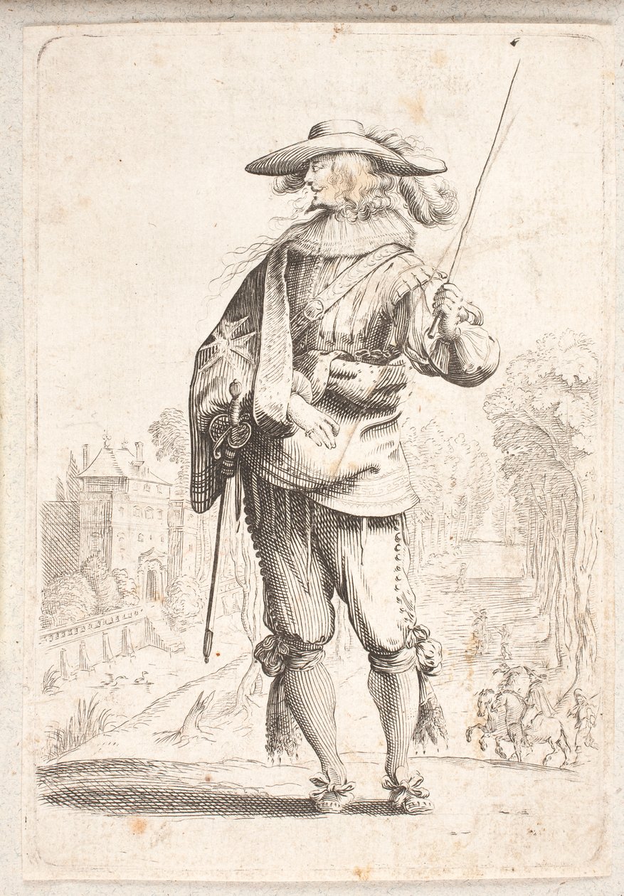 Standing Soldier Seen En Face but with Head in Left Profile. Holds Baton in Left Hand by Salomon Savery