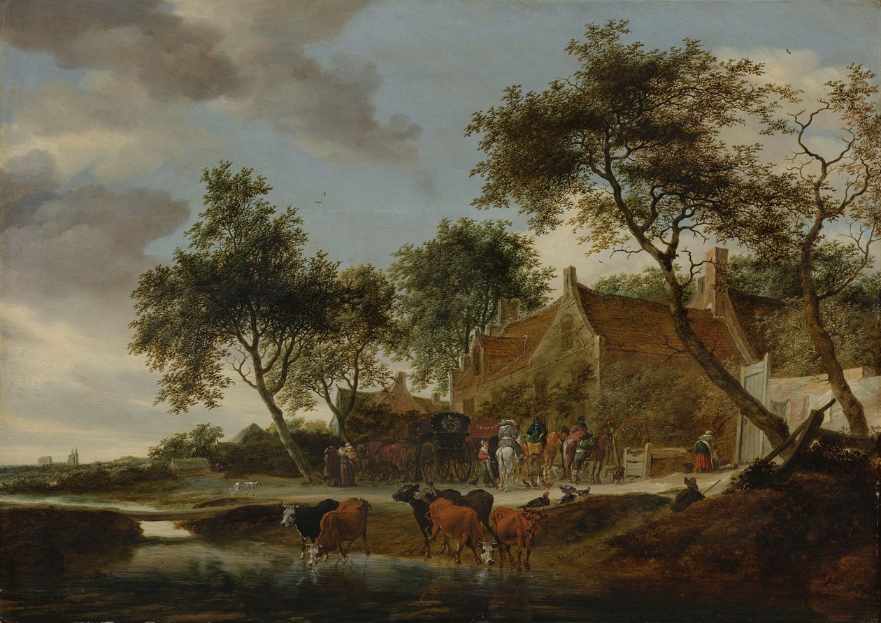 Landscape with Travellers before an Inn near a Watering Place by Salomon van Ruisdael or Ruysdael