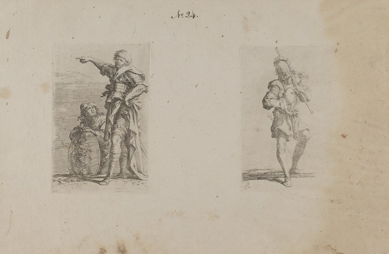 (Figurine Series) Two Men, One Pointing Left, Other Kneeling by Salvator Rosa
