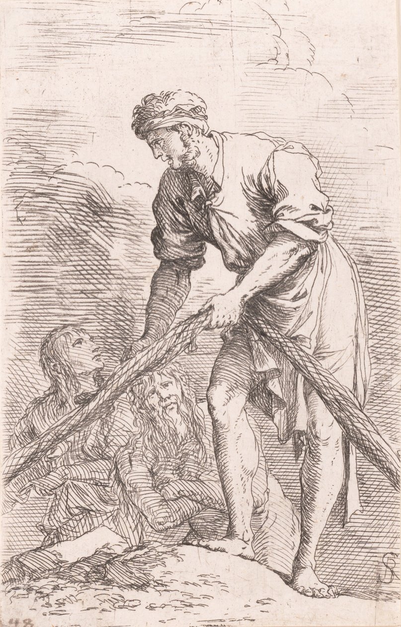 A man pulling a net with two figures behind him, from the series 