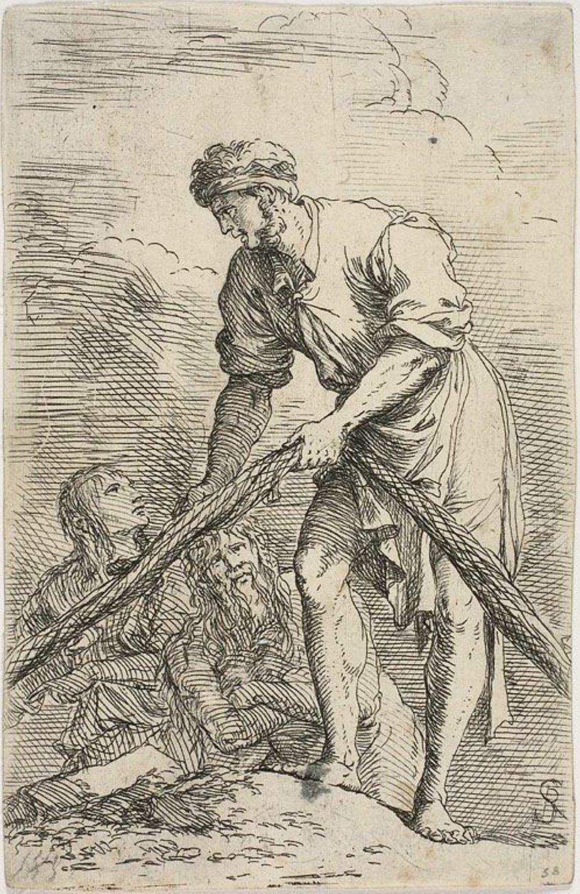 A Man Pulling a Net, with Two Figures Behind Him, from Figurine Series by Salvator Rosa