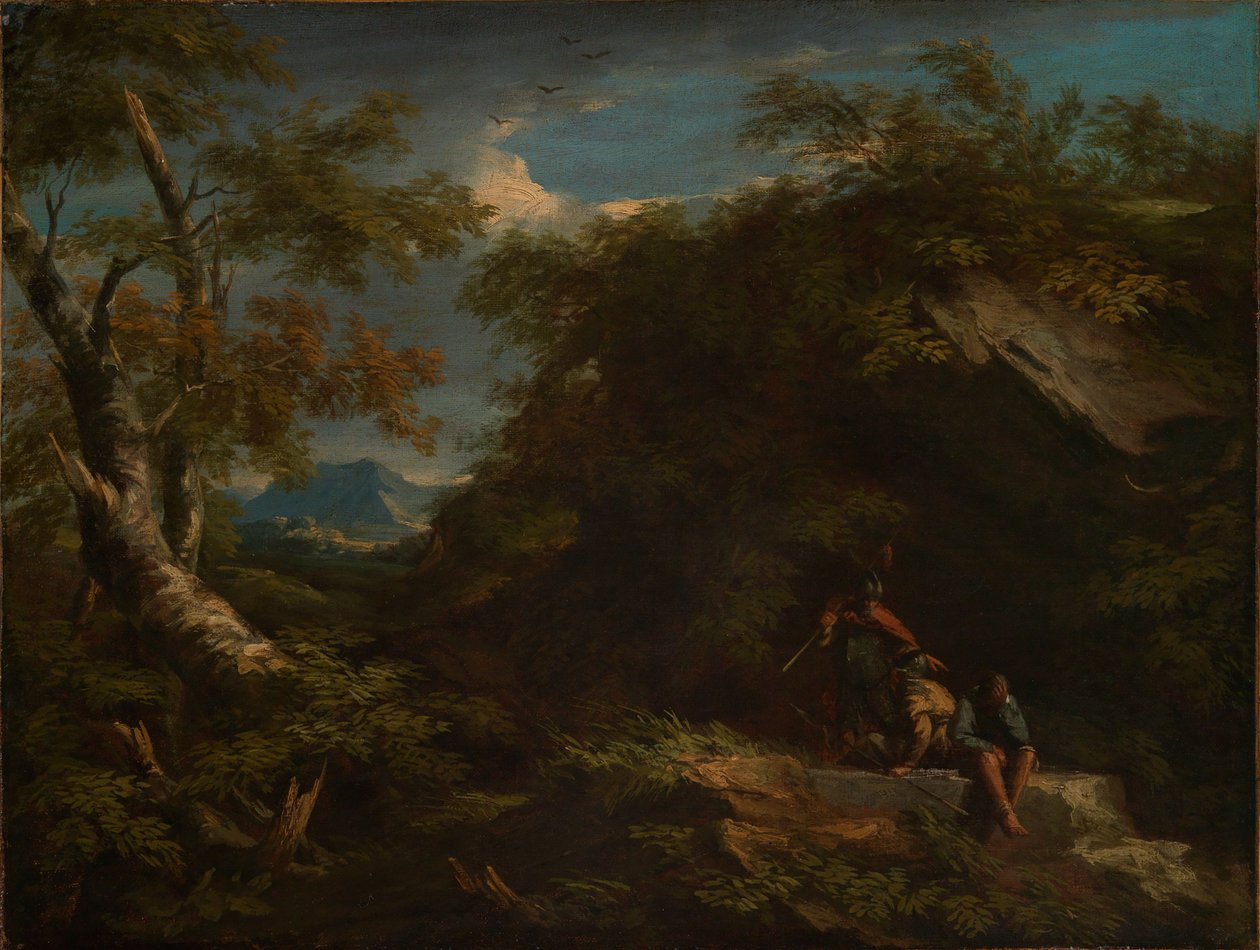 Mountainous Forest Landscape with Resting Warriors by Salvator Rosa