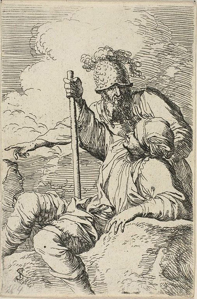 Three Warriors, one seated on a foreground rock holding a staff; the second standing behind him and pointing, the third seen as a face behind them, from Figurine series by Salvator Rosa