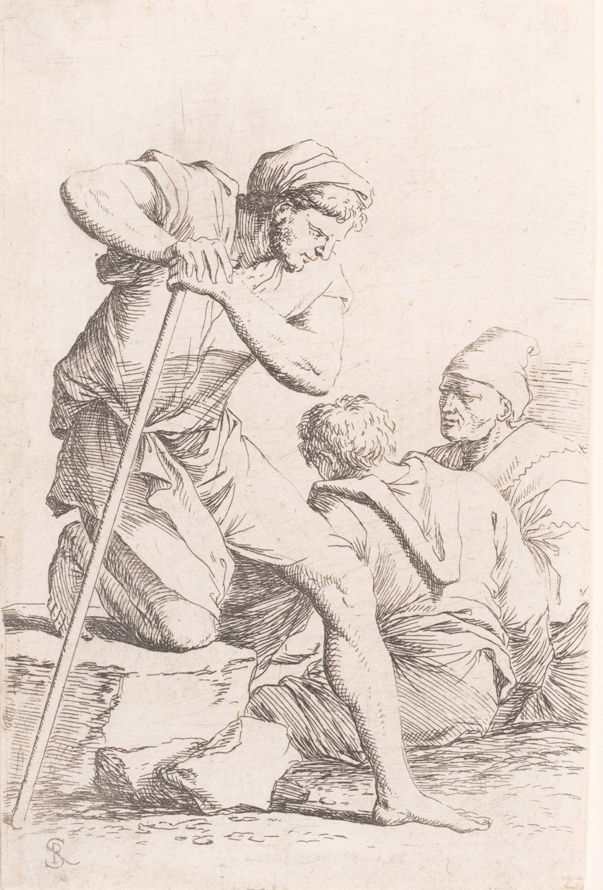 Two men sitting and another man holding a staff kneeling on a rock, from the series, ca. 1656-1657 by Salvator Rosa