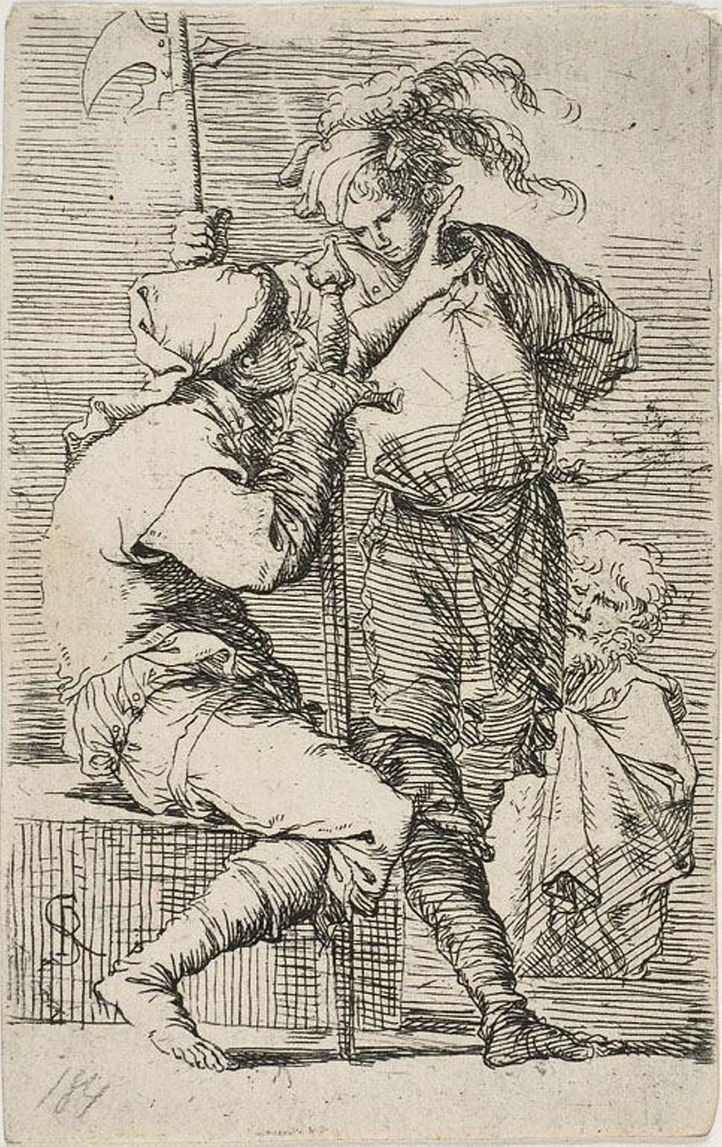 Two Warriors, One Holding a Sword, the Other a Halberd; An Old Bearded Man Behind Them, from Figurine by Salvator Rosa