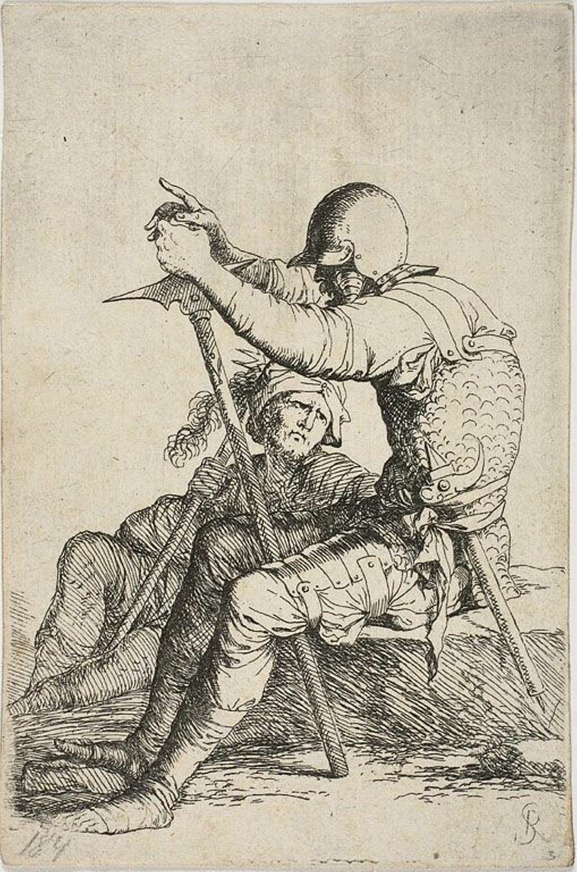 Two Warriors, One Seated on a Low Foreground Rock and Holding a War Hammer; the Other Figure Seated on the Ground Behind Him, Holding a Mace Across His Right Shoulder and Looking Up at the Foreground Figure, from Figurine Series by Salvator Rosa