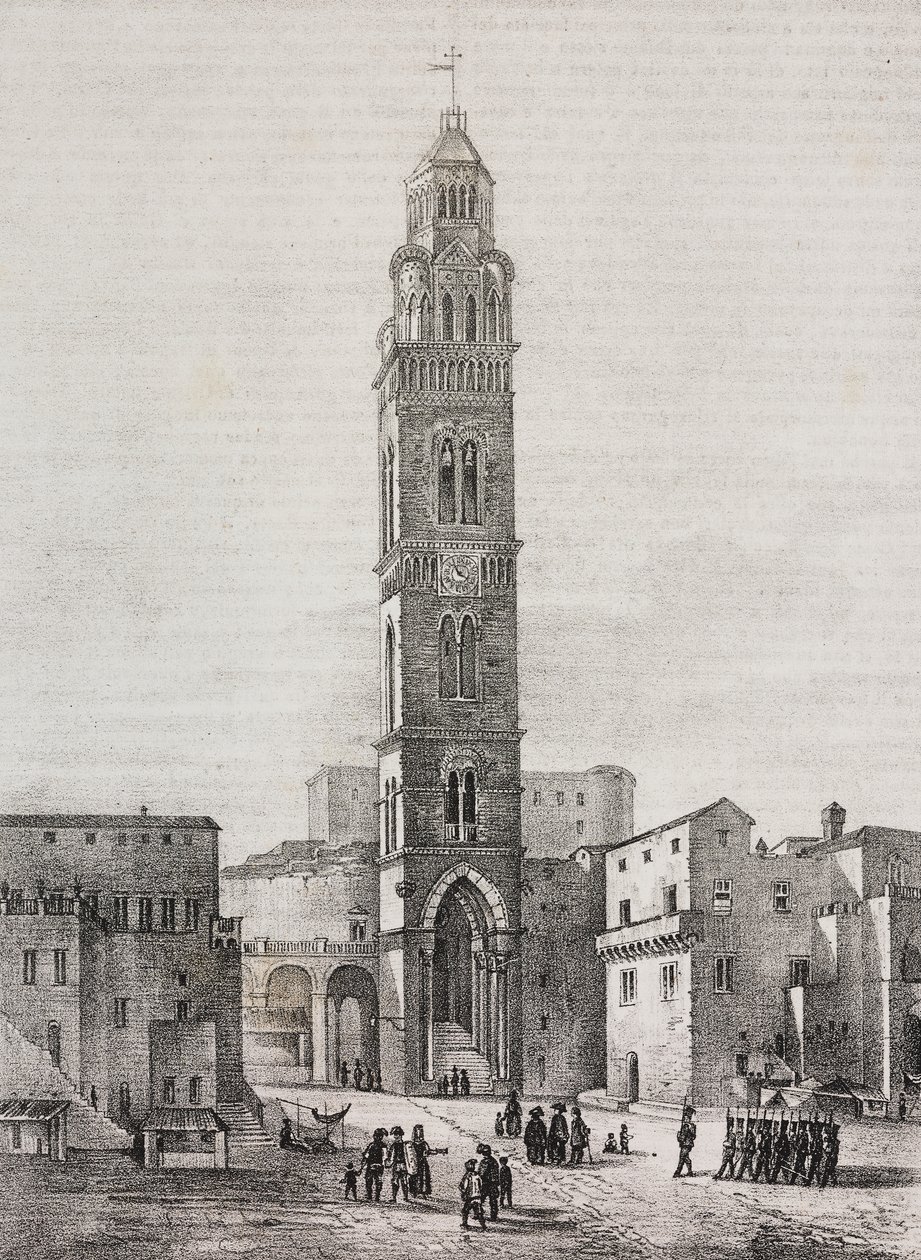 Bell tower of Gaeta cathedral, Lazio, Italia, lithograph by Salvatore Puglia after drawing by Pasquale Mattei, from Poliorama Pittoresco, n 48, July 6 by Salvatore Puglia