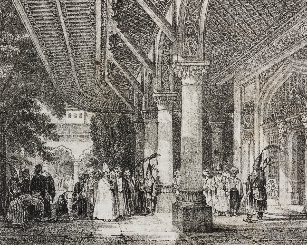 Entrance hall of Serraglio, Turkey, from story harem in East, lithograph from Poliorama Pittoresco by Salvatore Puglia