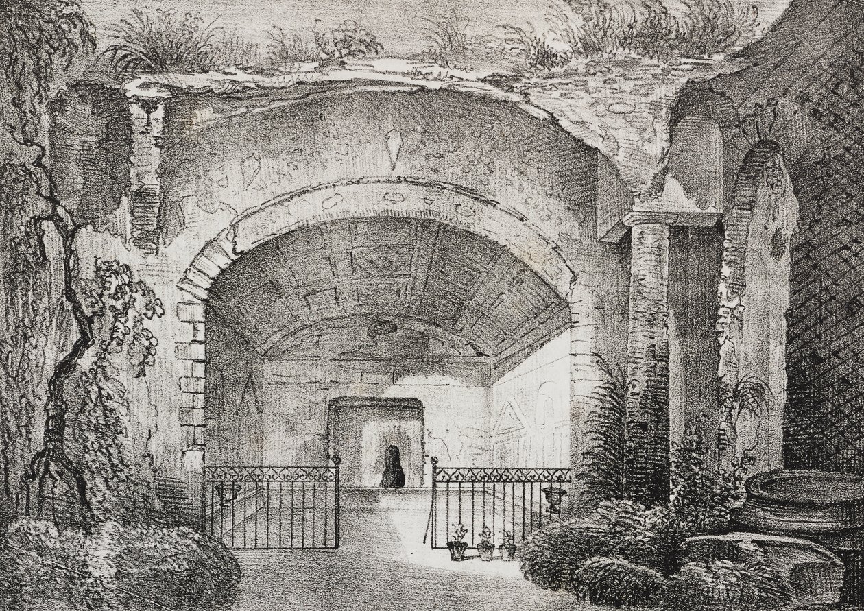 Hall in ancient villa of Prince of Caposele in Formia, Lazio, Italy. Lithograph by Salvatore Puglia from Poliorama Pittoresco by Salvatore Puglia