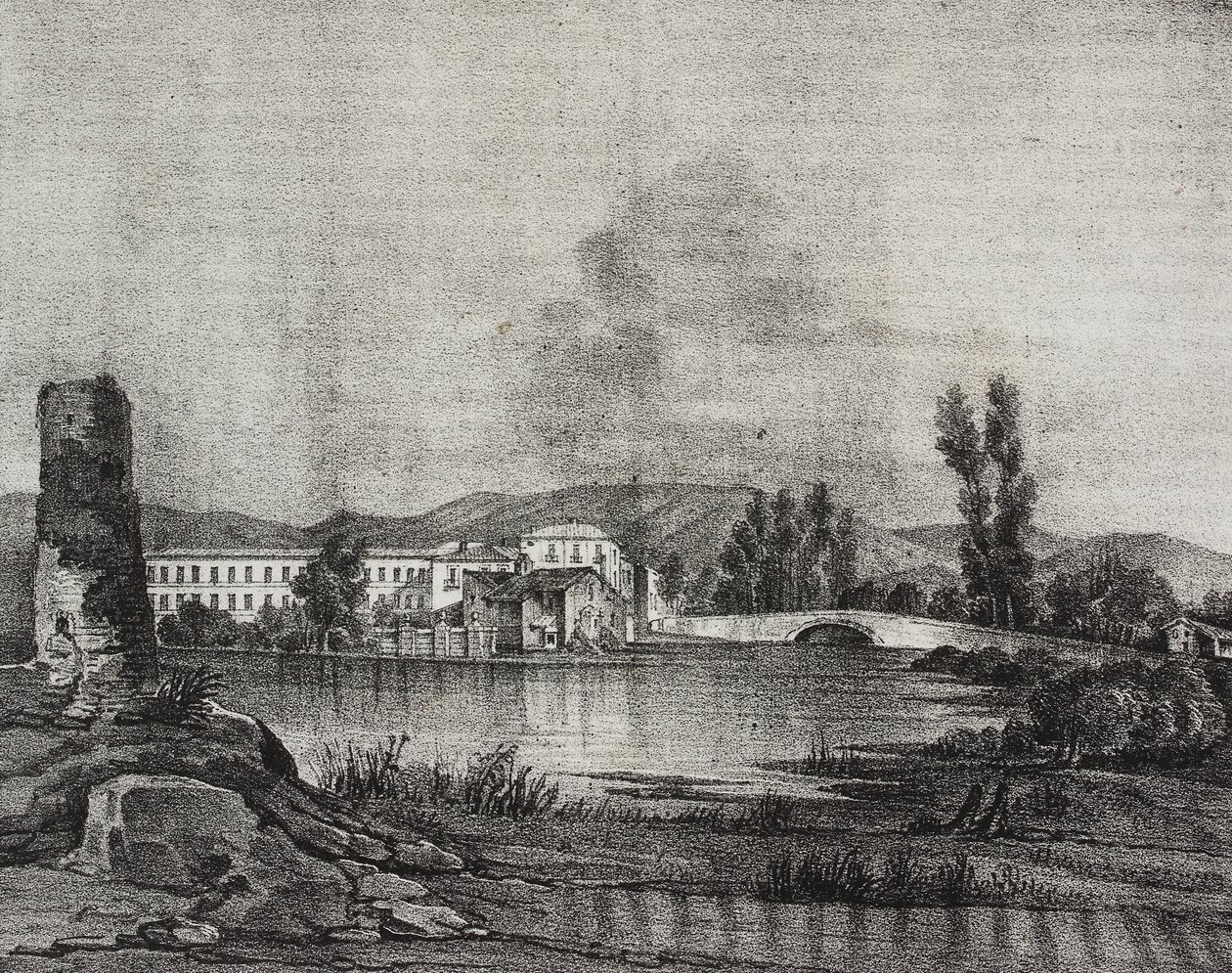 View of Santa Restituta Factory and Church on Banks of Fibreno River in Cornello, Lazio, Italy, from Poliorama Pittoresco, No. 16, November 26 by Salvatore Puglia