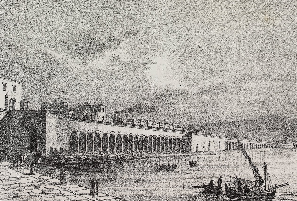 View of railway at Torre Annunziata, Campania, Italy, lithograph by Gaetano Riccio from Poliorama Pittoresco by Salvatore Puglia