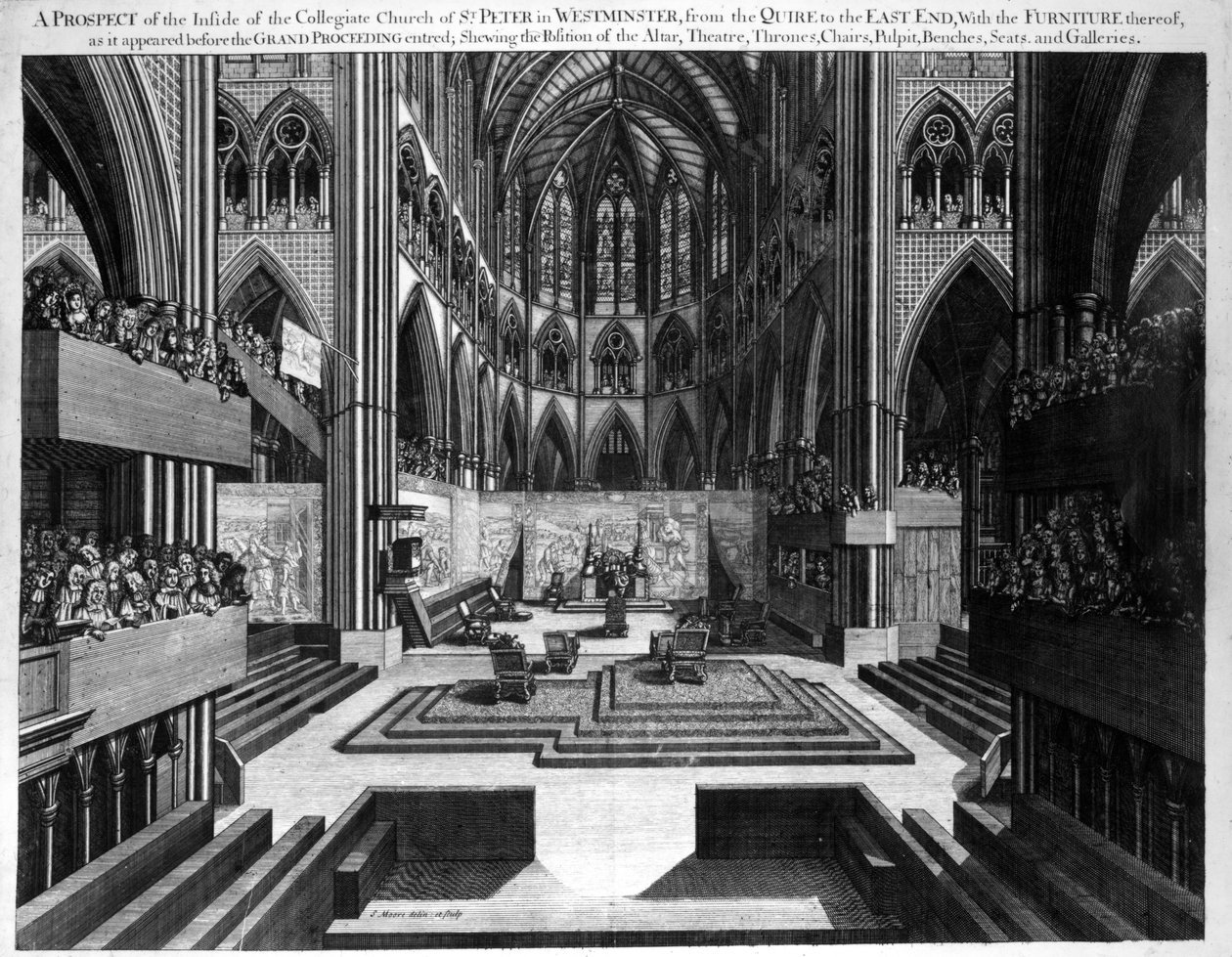 A Prospect of the Inside of the Collegiate Church of St. Peter in Westminster (Westminster Abbey) before the Coronation of James II (1633-1701) 1688 by Samuel Moore