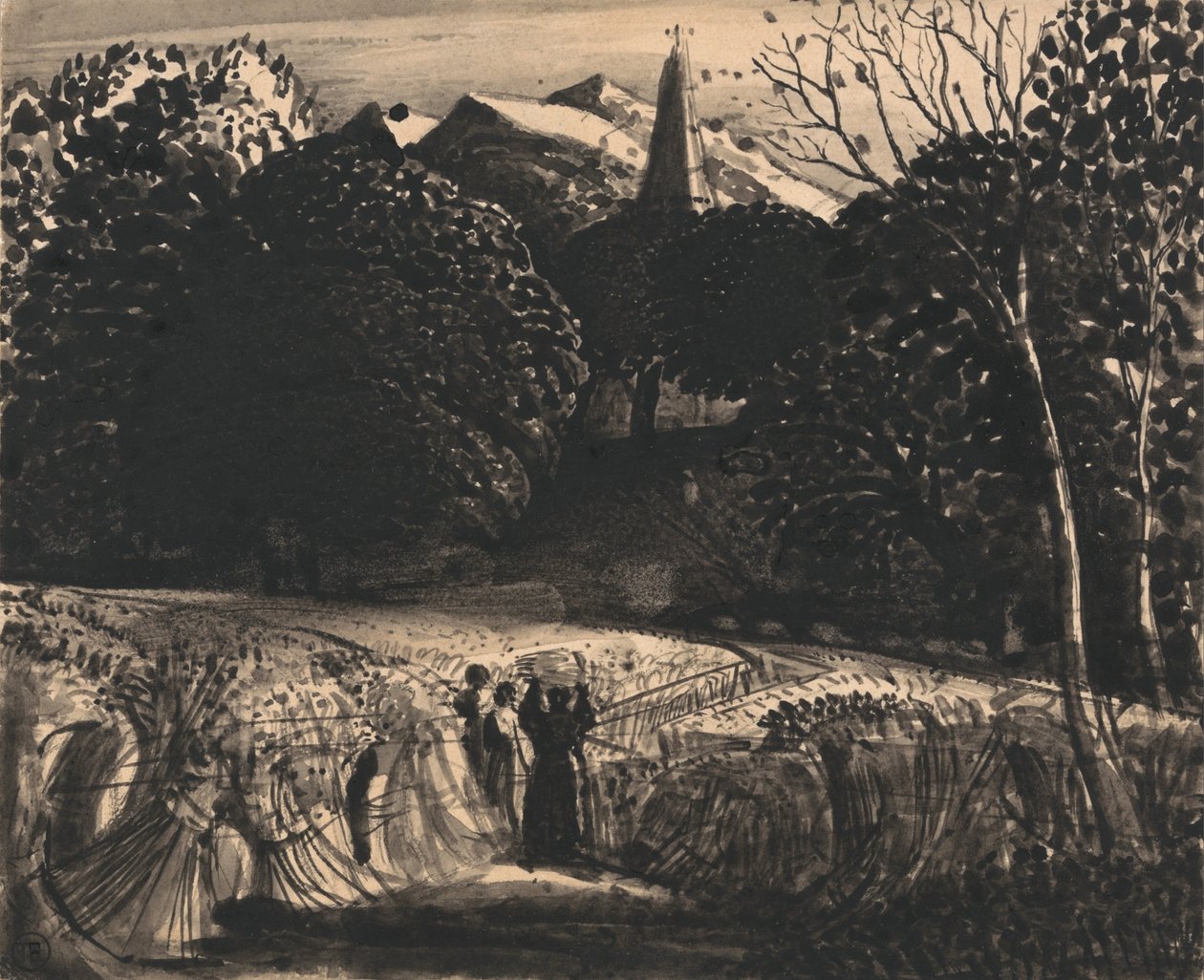 Cornfield and Church by Moonlight by Samuel Palmer