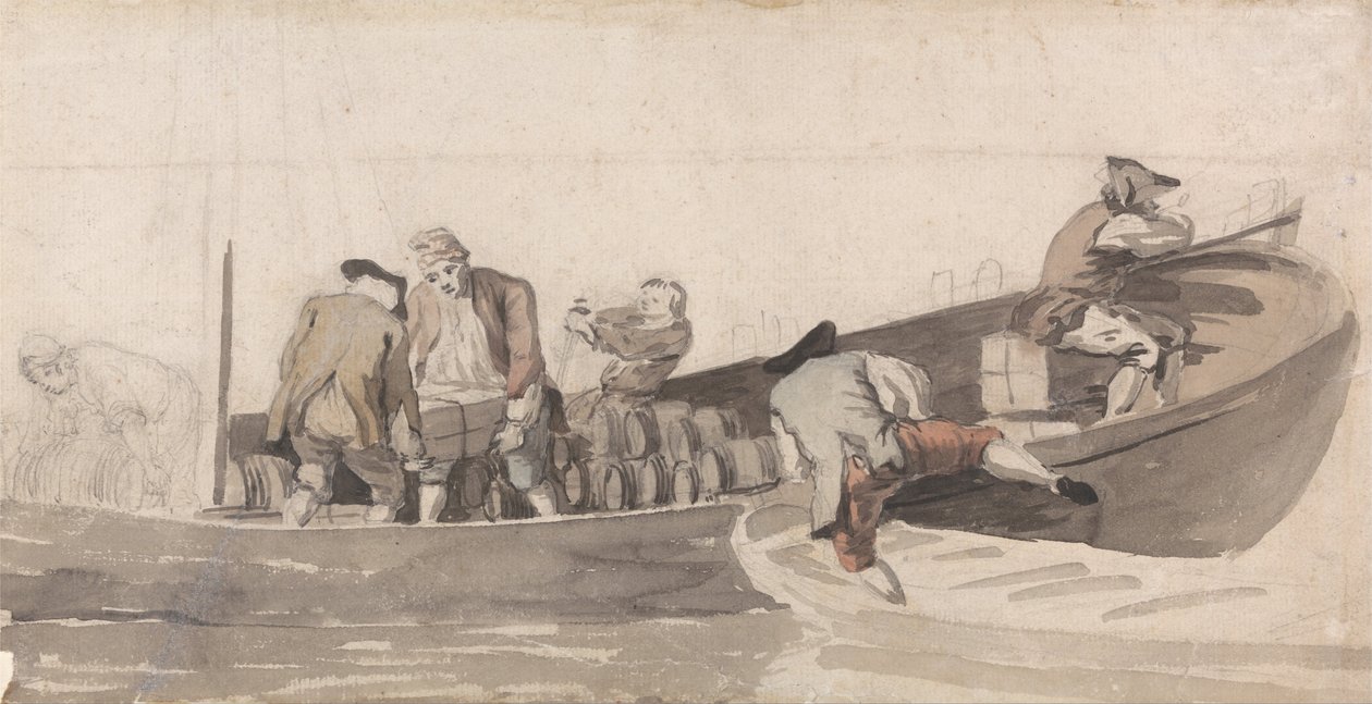 Men Loading a Boat with Barrels by Samuel Scott