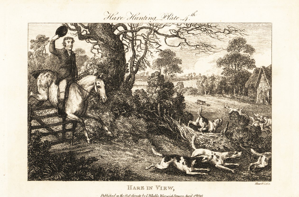 Mounted huntsman jumping a fence after a pack of hounds chasing a hare by Samuel (after) Howitt