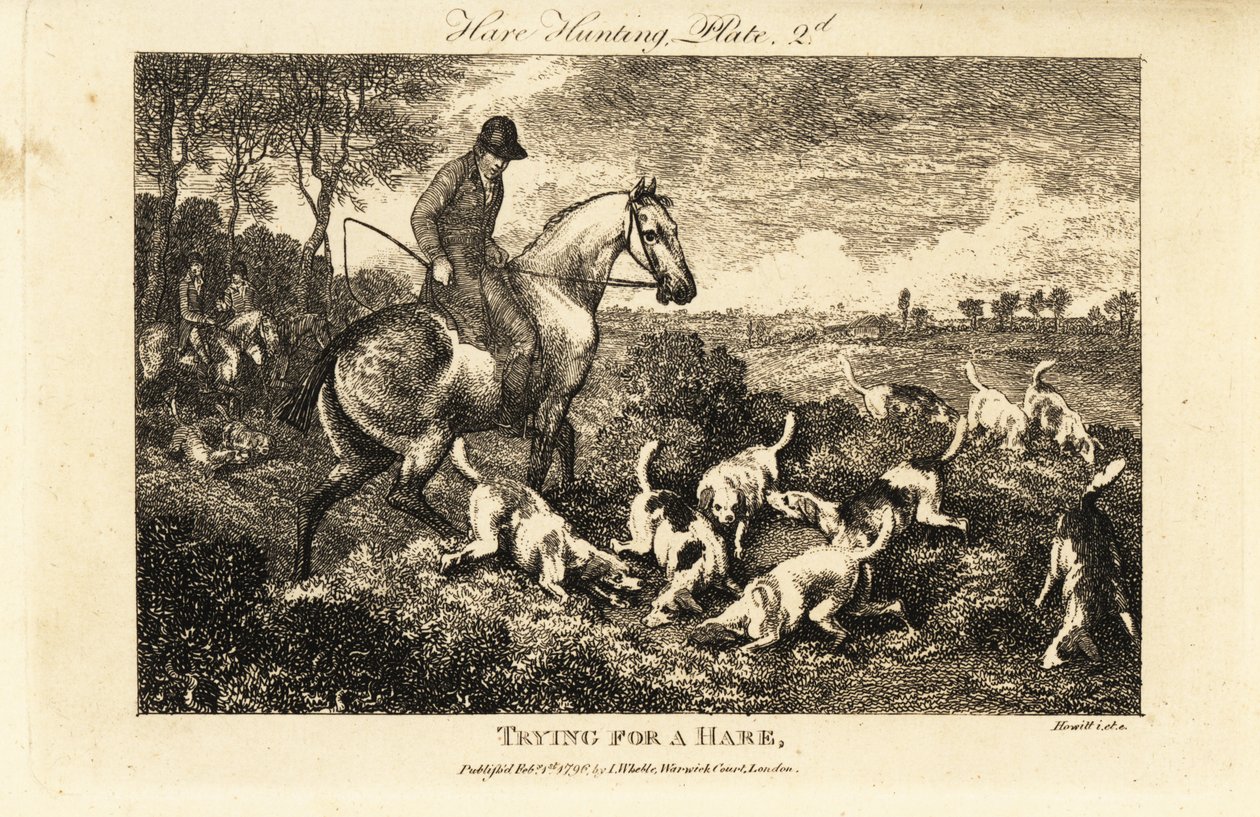 Mounted huntsman watching a pack of hounds digging for hares by Samuel (after) Howitt