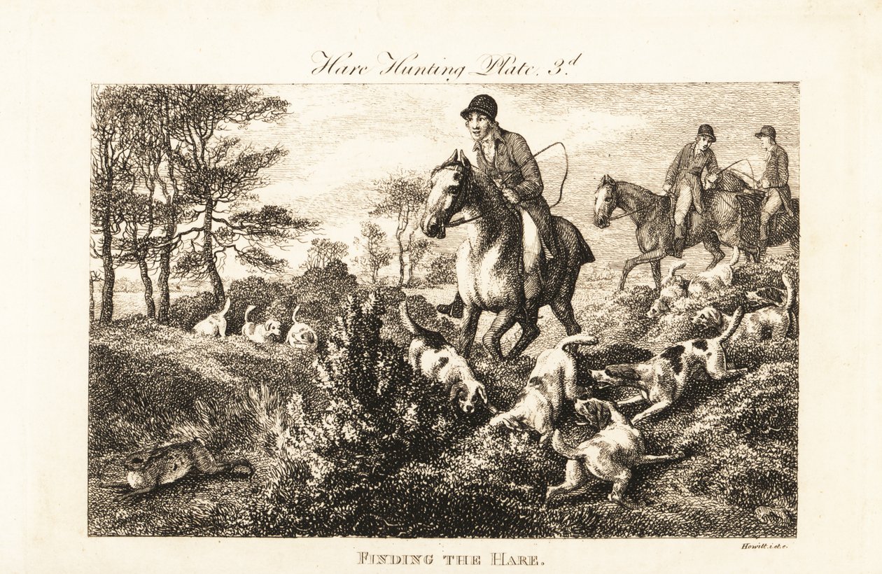 Mounted huntsmen watching as hounds find a hare by Samuel (after) Howitt