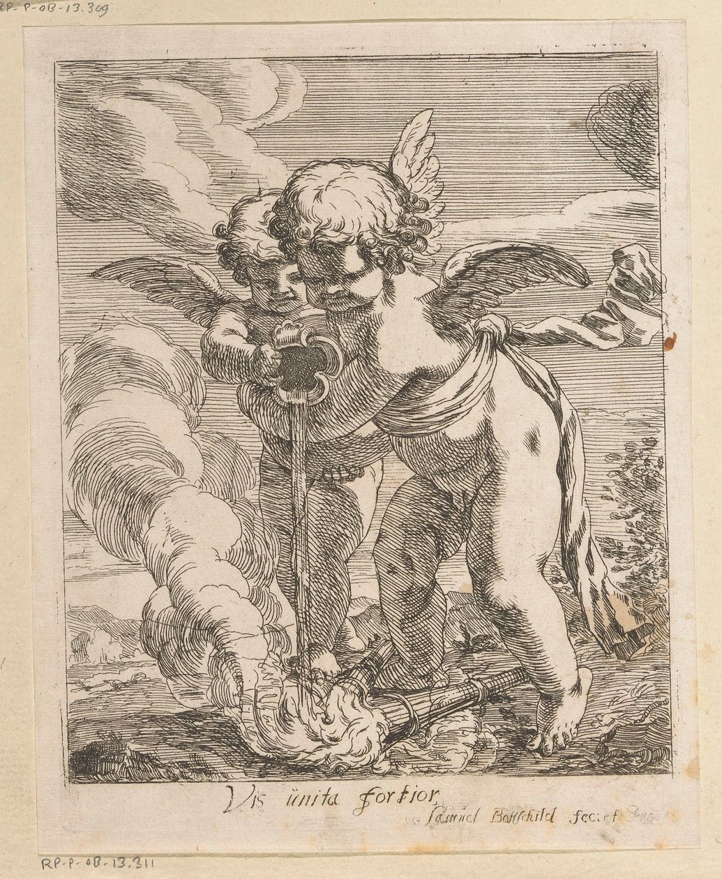 Two Putti Extinguishing Torches (Vis unita fortior) (Various Designs) (Opera Varia Historica, Poetica & Iconologica) by Samuel Bottschild