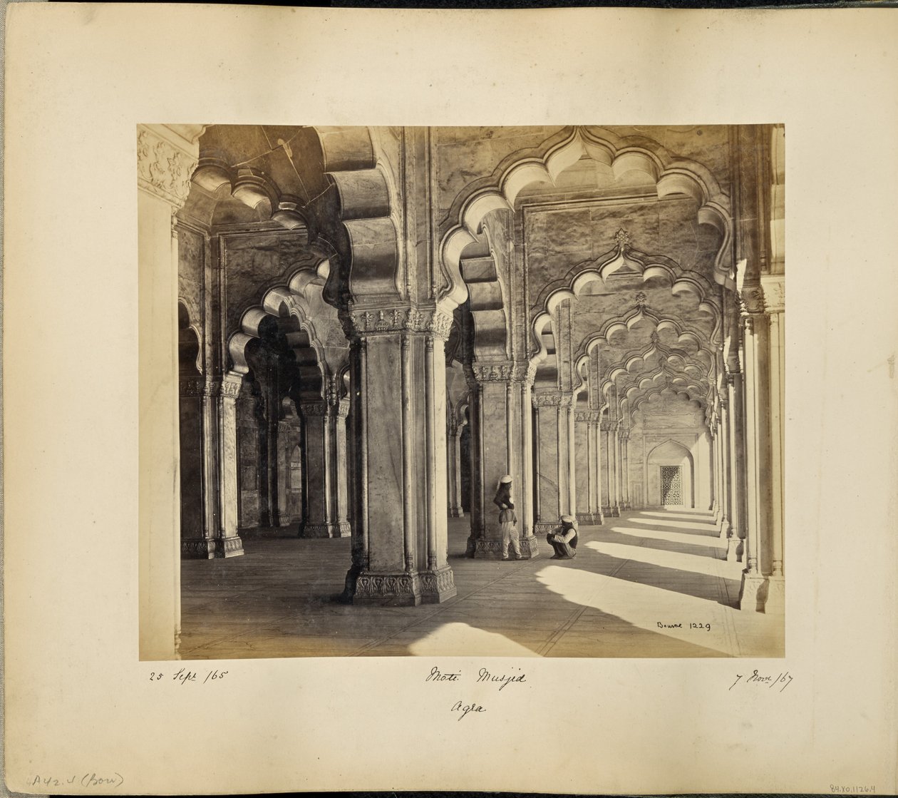 Agra; Interior of the Motee Musjid, showing the marble Saracenic arches and pillars by Samuel Bourne