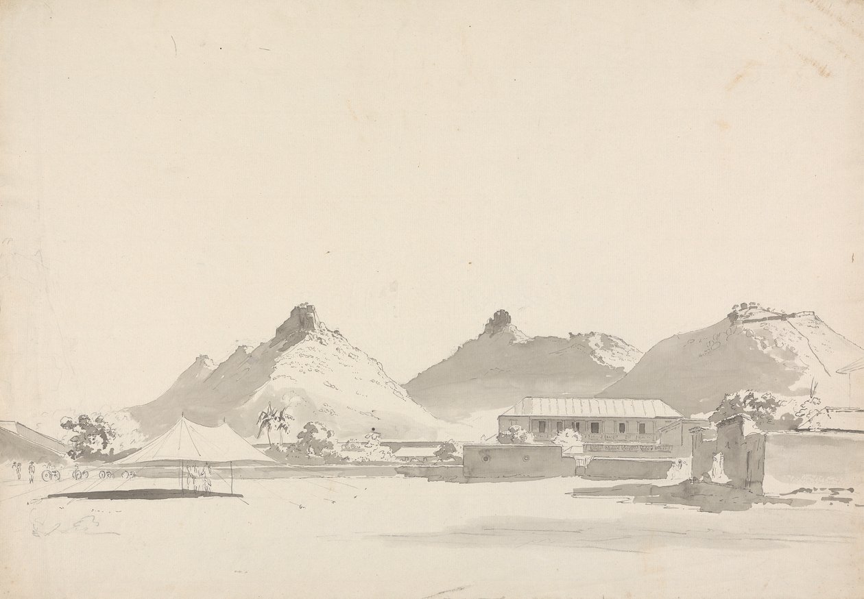 Military Encampment with Forts on Hills Behind by Samuel Davis