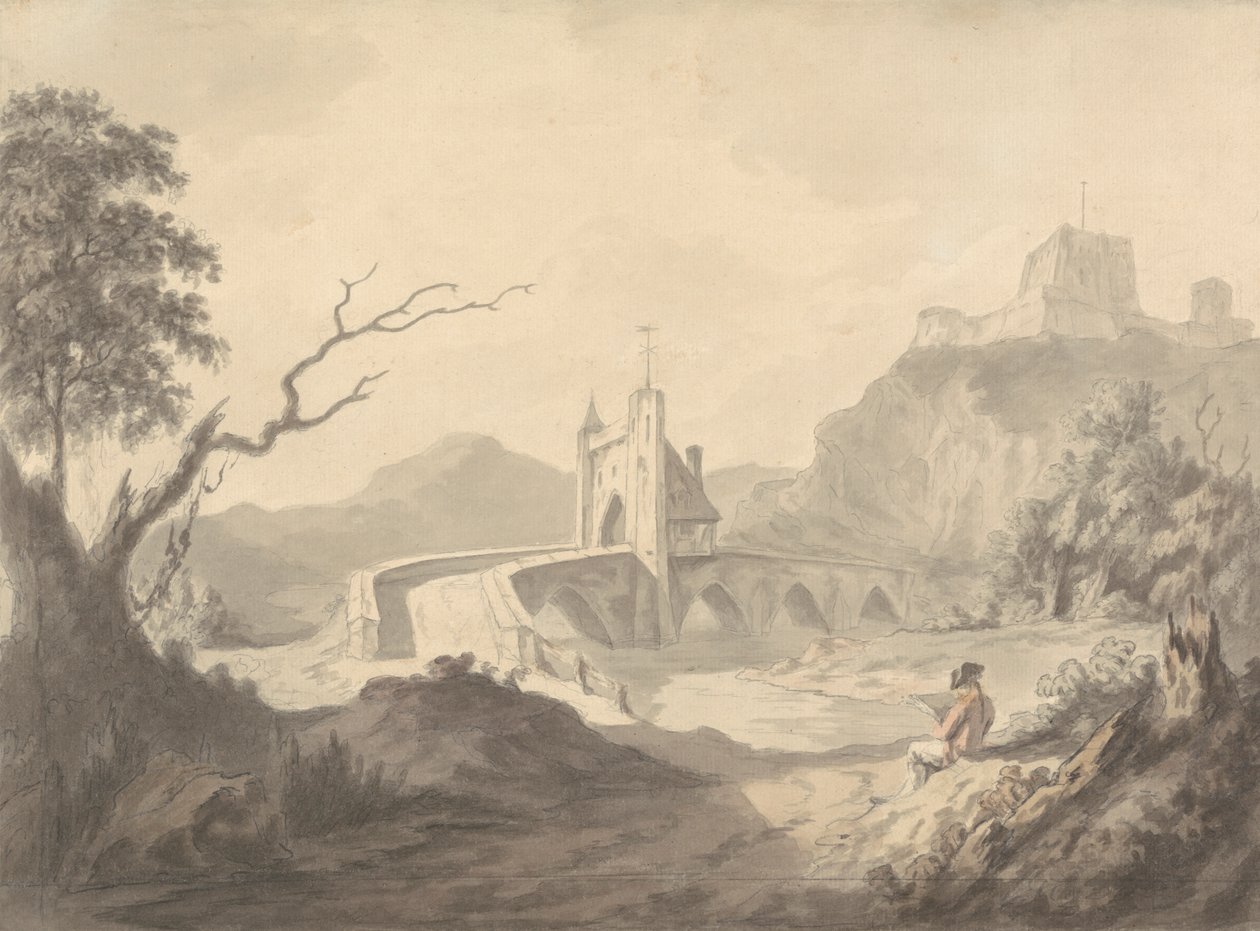 River Scene and Bridge with Artist Sketching in Foreground by Samuel Davis