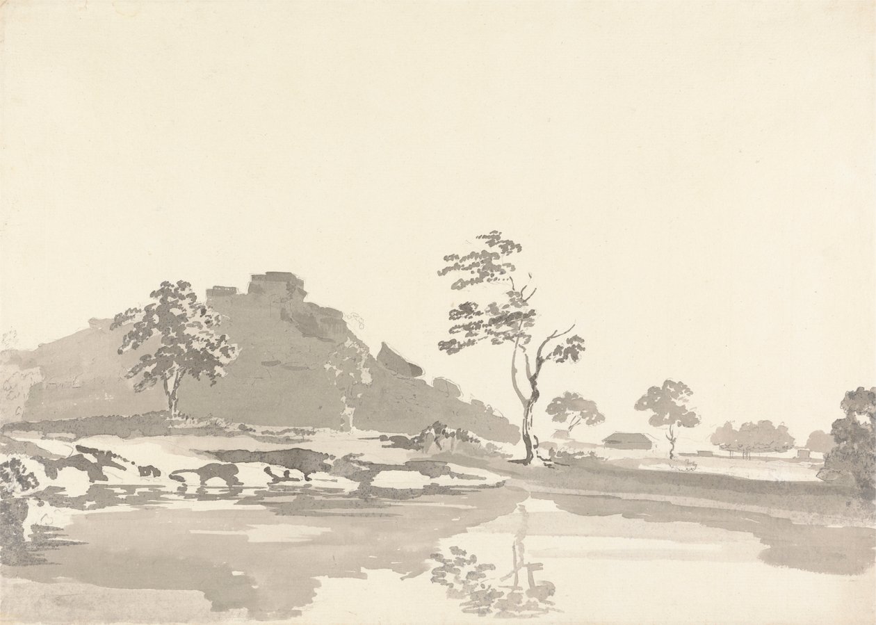 River Scene with a Fort on a hill in the middle distance by Samuel Davis