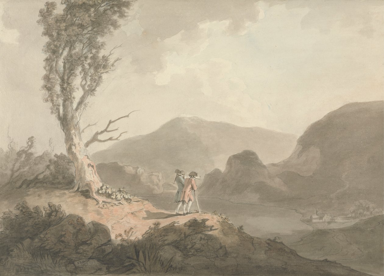 Two Men with Telescope Looking Across A River by Samuel Davis