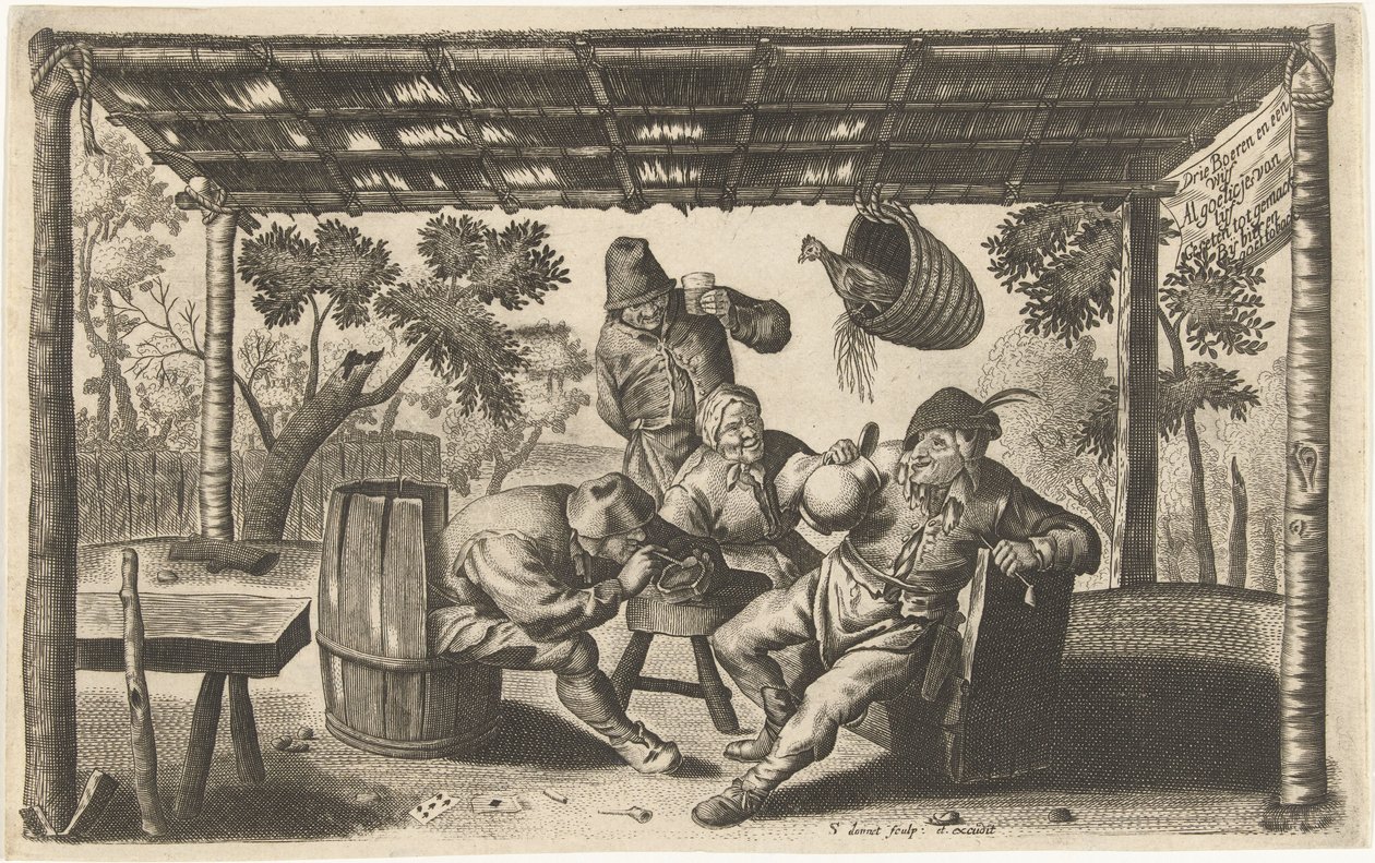 Three Drinking and Smoking Farmers in a Barn by Samuel Donnet