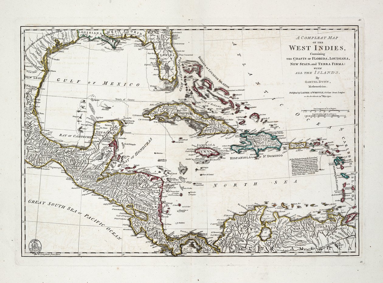 A Complete Map of the West Indies Containing the Coasts of Florida, Louisiana, New Spain and Terra Firma with All the Islands by Samuel Dunn