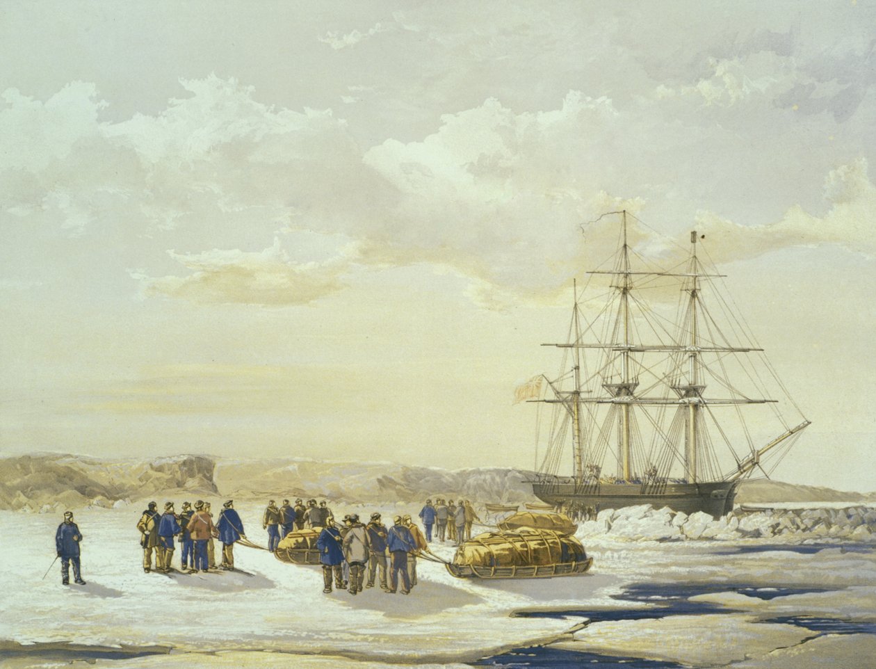 Sledge party leaving H.M.S. Investigator in Mercy Bay, 15th April 1853, engraved by E. Walker, published by Ackermann and Co., 1854 by Samuel Gurney Cresswell