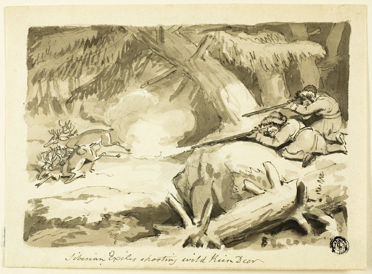 Siberian Exiles Shooting Wild Reindeer (recto); Shell (verso) by Samuel Howett
