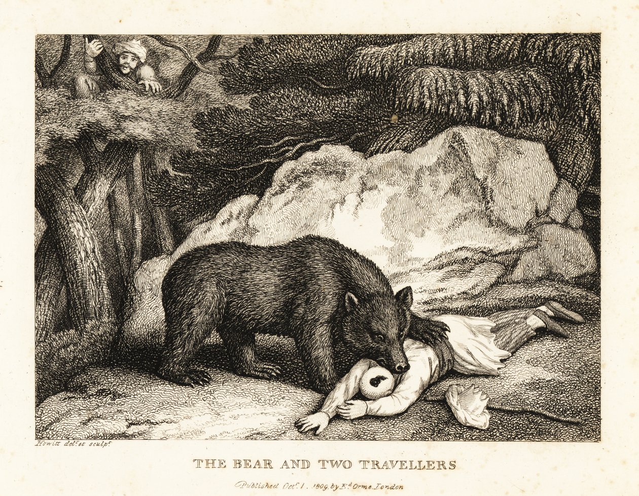 A traveller in turban plays dead while attacked by a bear by Samuel Howitt