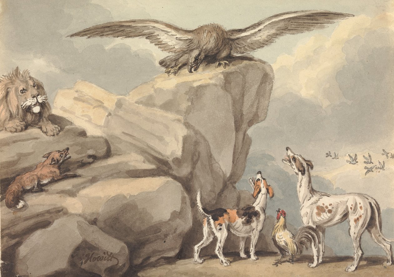 An Eagle Perched on a Rock; Lion, Fox, Two Hounds and a Rooster (possibly for "Aesop