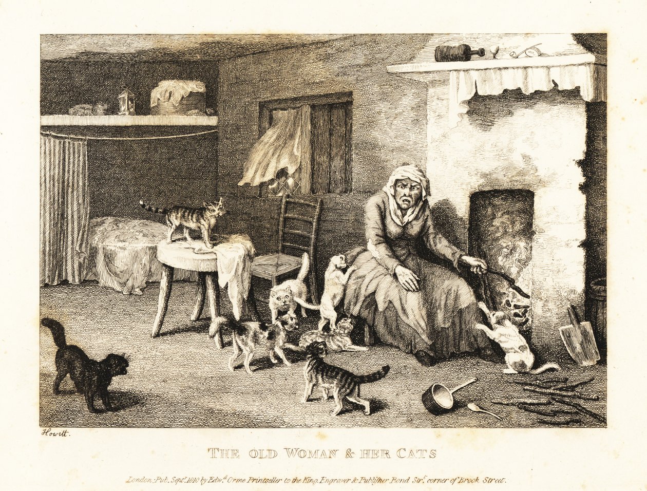 Old hag seated at the hearth in a hovel surrounded by cats by Samuel Howitt