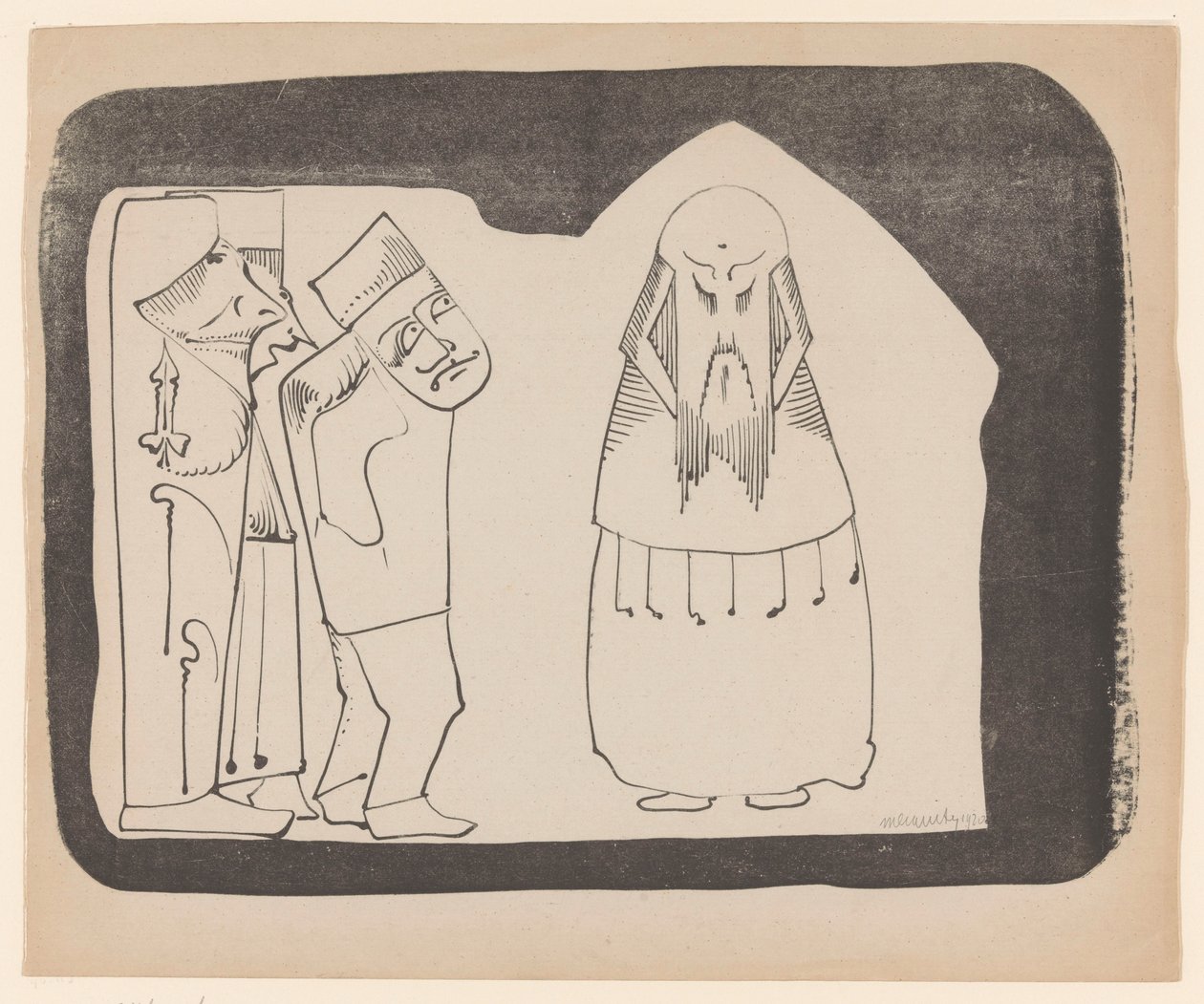 Fantasy: Three Figures to the Left, Frontal Chinese-Like Figure to the Right by Samuel Jessurun de Mesquita (signed by artist)