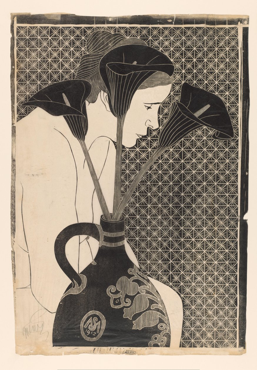 Female nude behind vase with calla lilies by Samuel Jessurun de Mesquita (signed by artist)
