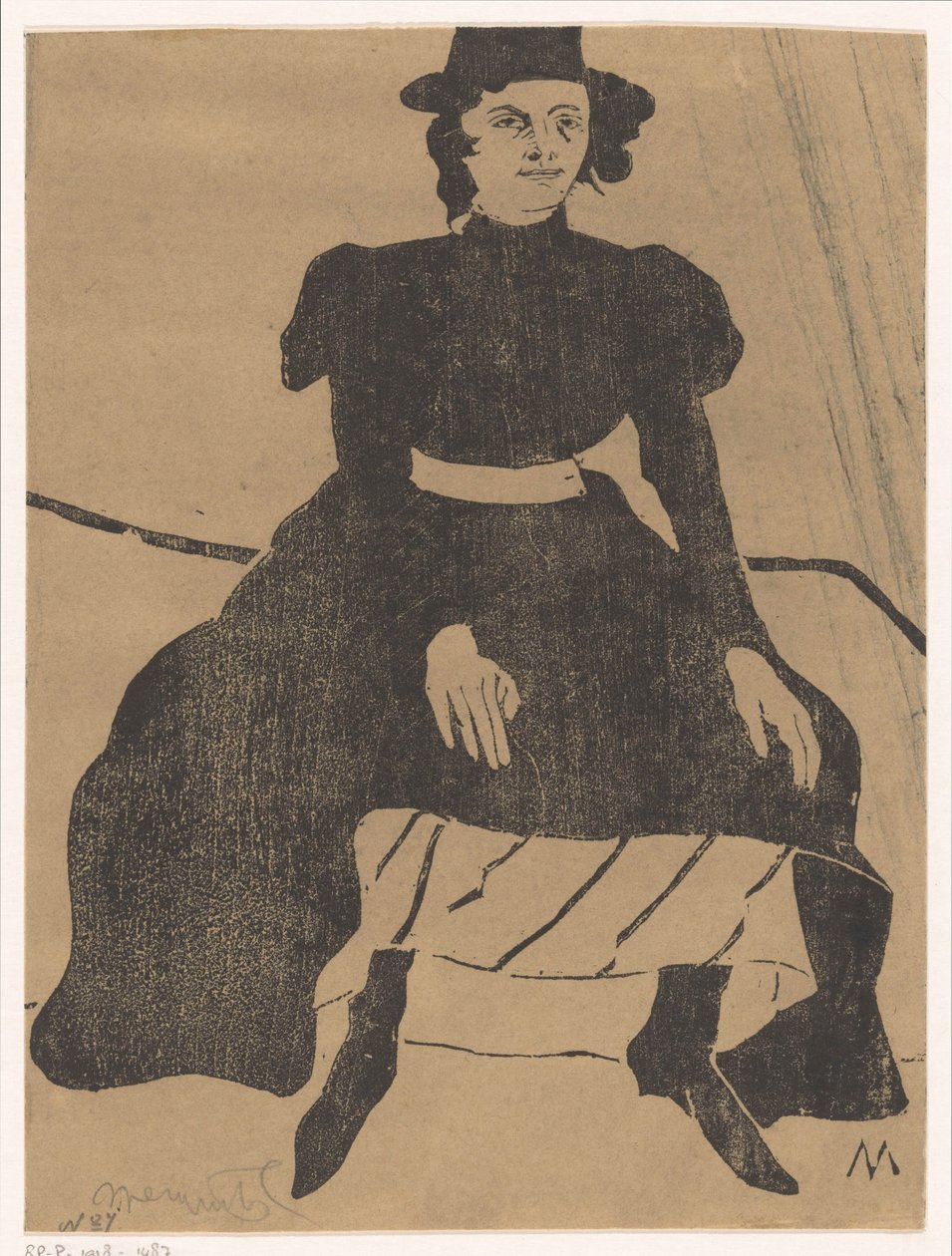 Seated Woman with Hat and in Black Dress, Hands on Knees by Samuel Jessurun de Mesquita (signed by artist)