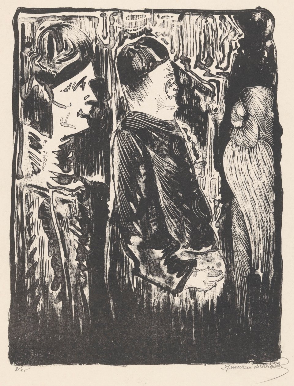 Fantasy: Two Figures with Hats on the Left, Scratched Appearance with Feather Garment on the Right by Samuel Jessurun de Mesquita