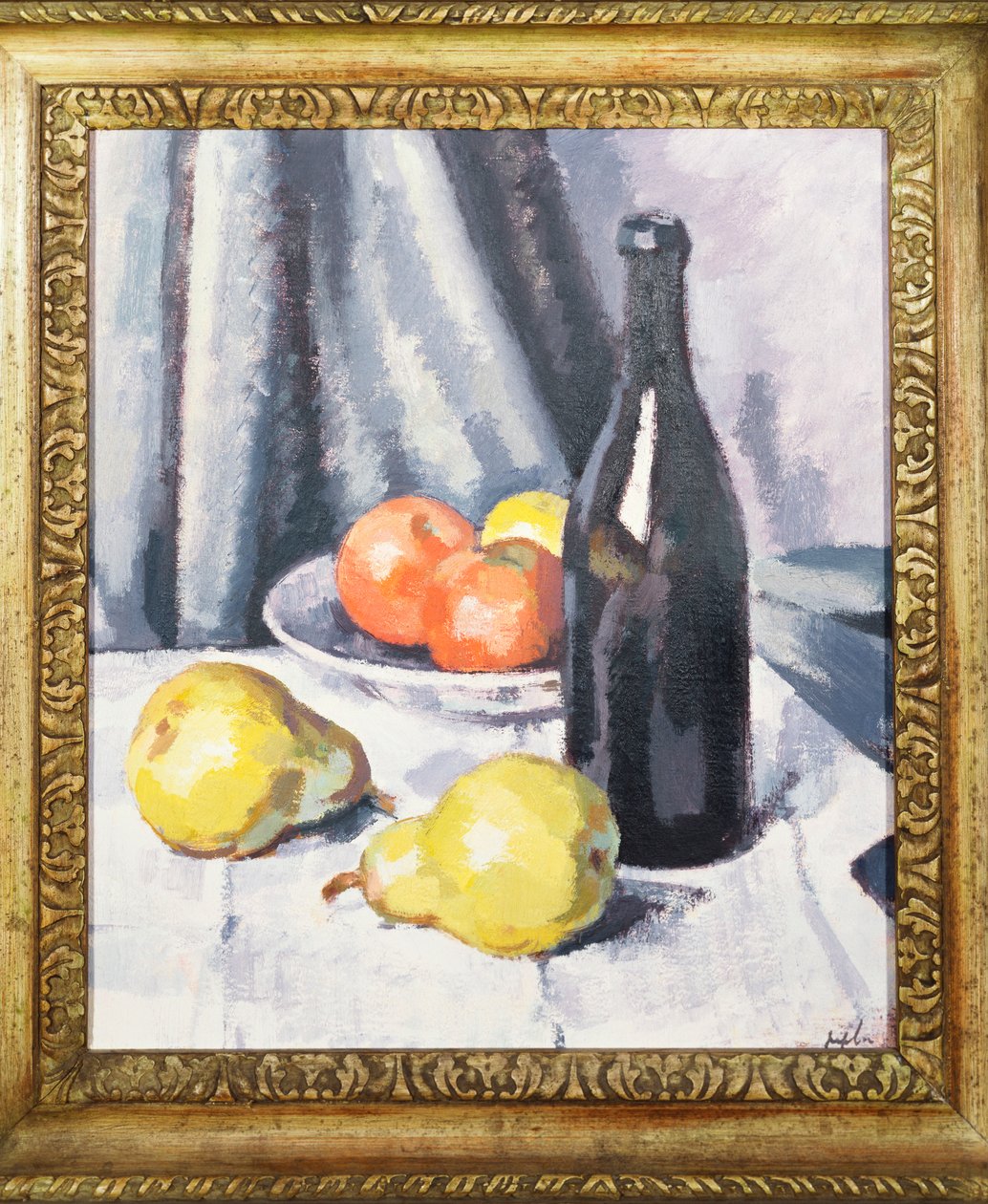 Apples, Pears and a Black Bottle on a Draped Table by Samuel John Peploe